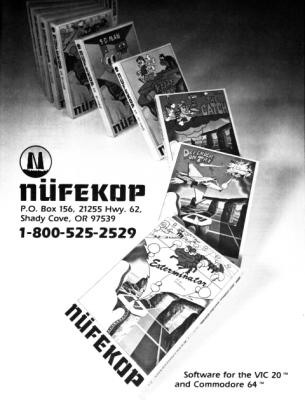 [Advertisement: Nüfekop software for the VIC-20 and Commodore 64]