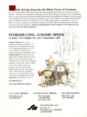 [Advertisement: GNOME Speed, a Basic 7.0 compiler for your Commodore 128 by SM Software, Inc.]