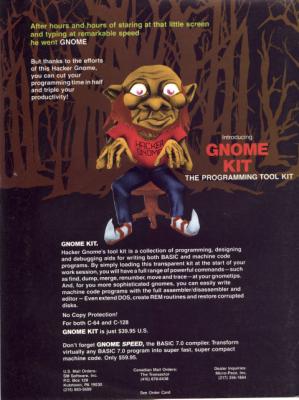 [Advertisement: GNOME Kit (programming, designing and debugging aids for BASIC and machine language programming) by SM Software, Inc.]