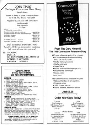 [Advertisement: Join TPUG, COMAL Users Group USA, The 1986 Commodore Reference Diary]